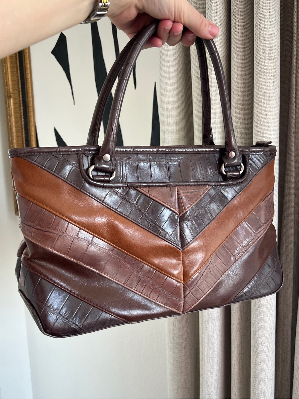 Relic Shoulder Bag Brown Patchwork Faux Leather Croc Chevron Y2K Tote Medium